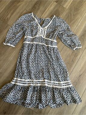 Navy and White Printed V-Neck Midi Dress